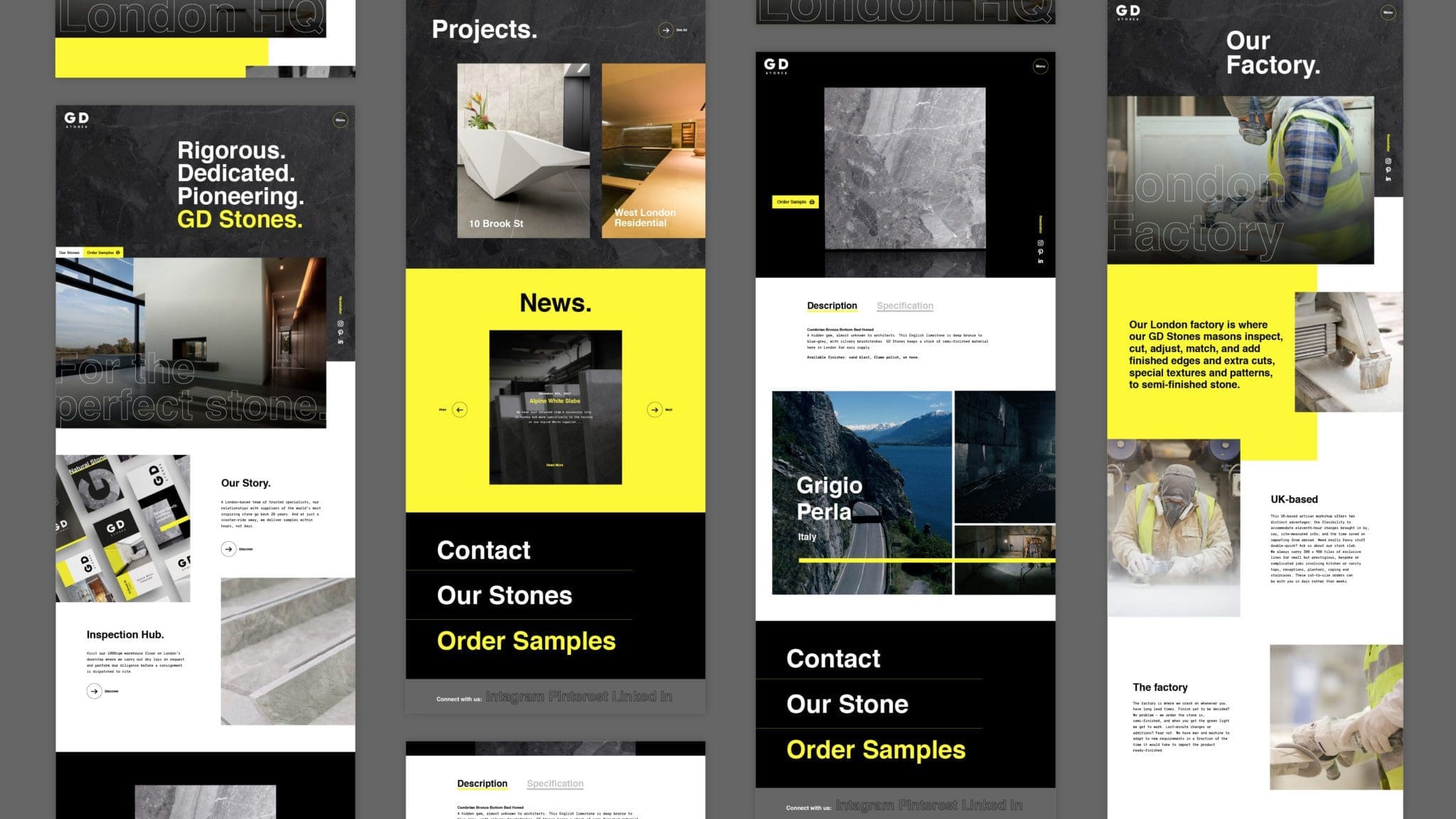 GD Stones web design layout images showing the diverse web pages created by bluestone98