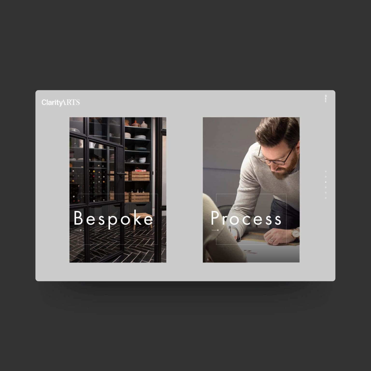 Clarity Arts web design 'bespoke process' layout 