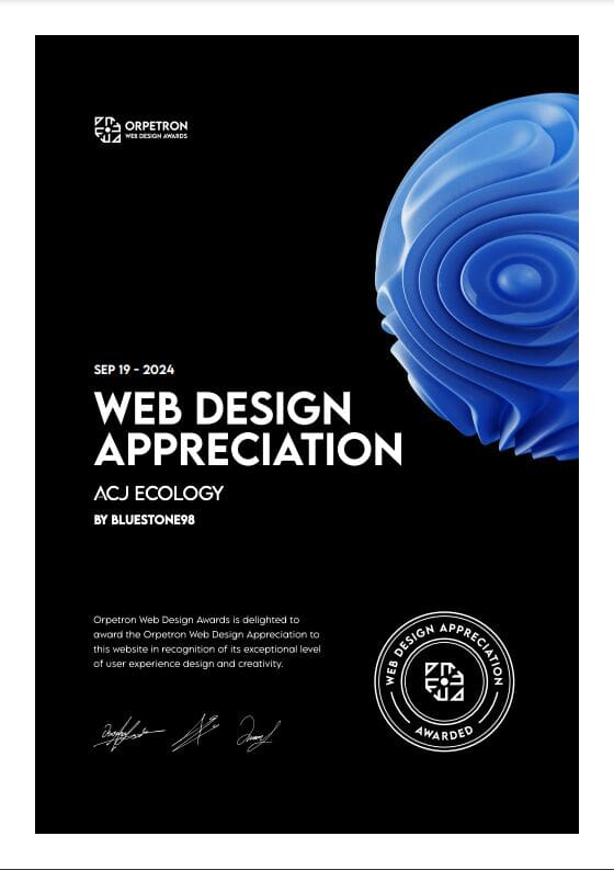 Web Design Appreciation certificate for ACJ Ecology